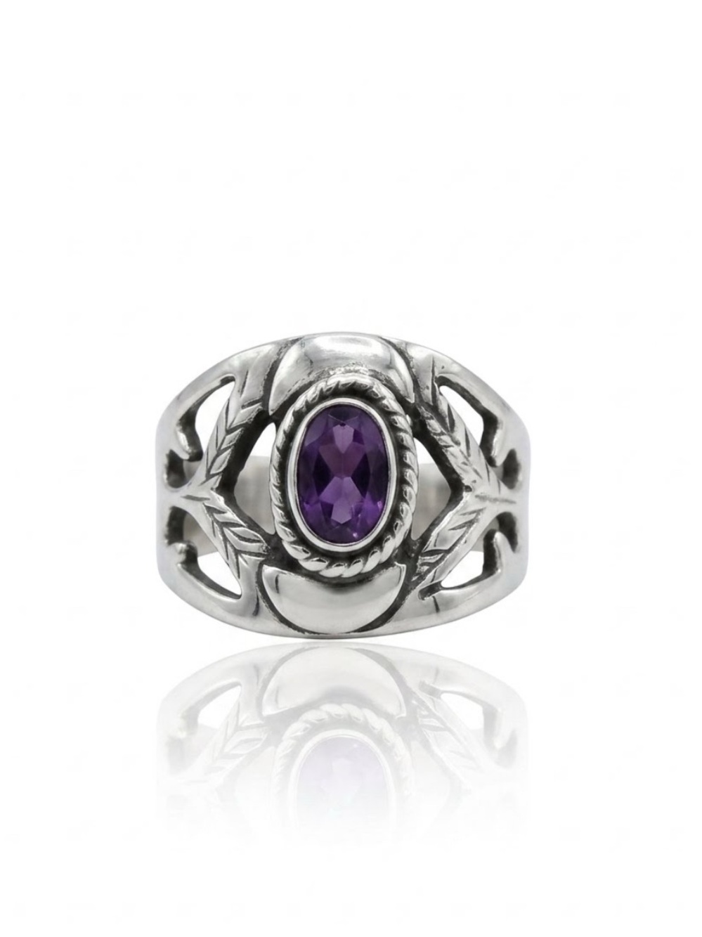 925 Sterling Silver Scottish Thistle Oval Amethyst Ring Size 7.25